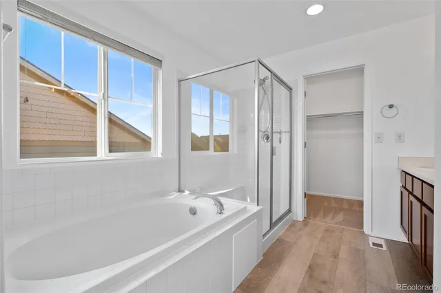 a bathroom with a bathtub and a shower