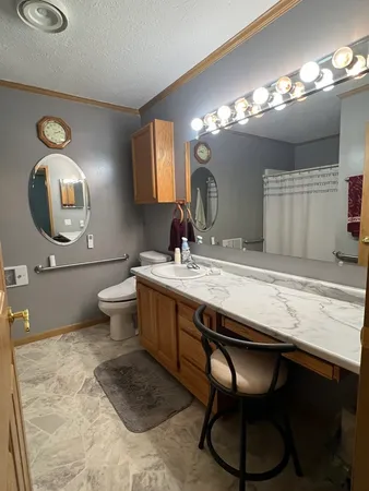 a bathroom with a granite countertop sink a toilet and a mirror