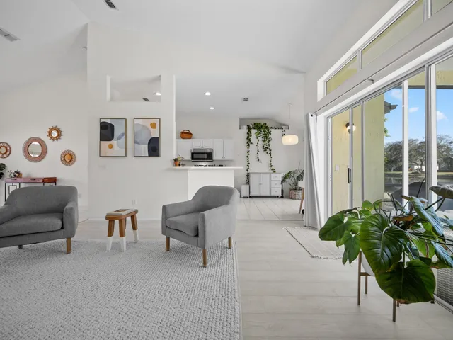 a living room with furniture and a potted plant