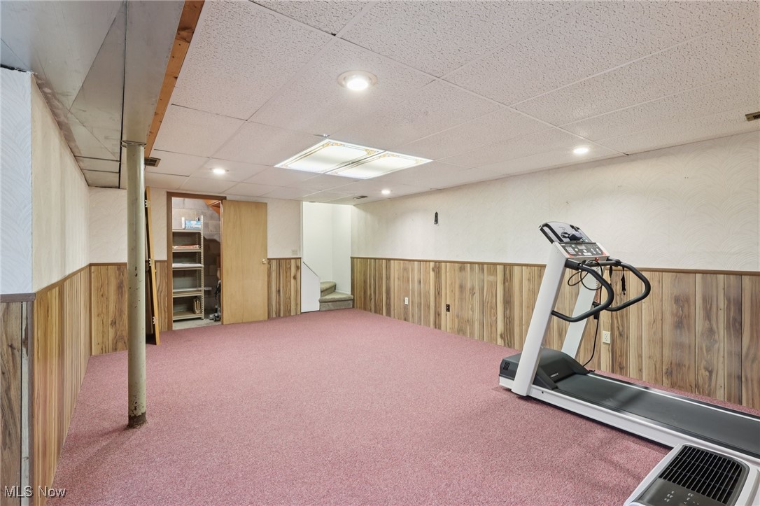 5877 Pearl Road Cleveland, OH 44130 - Photo 30 of 42 Workout area with wood walls, wainscoting, a paneled ceiling, and carpet