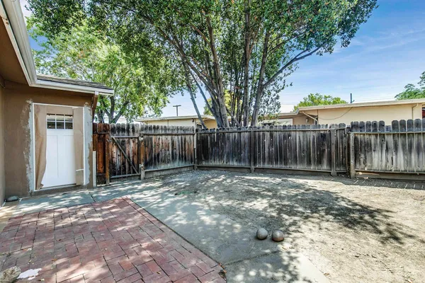 a view of a backyard with large trees and wooden fence
