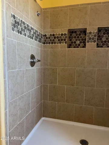 a bathroom with a sink a mirror and a shower