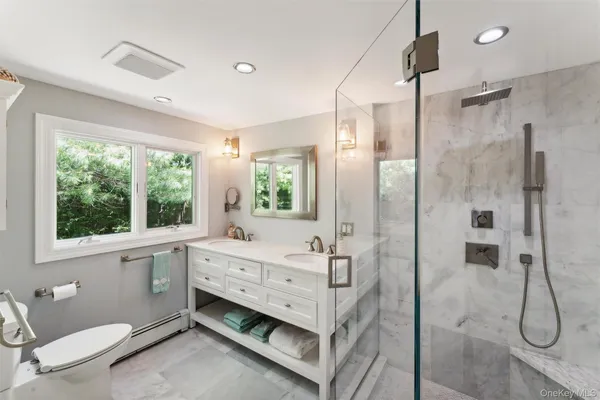 a bathroom with a double vanity sink toilet and shower