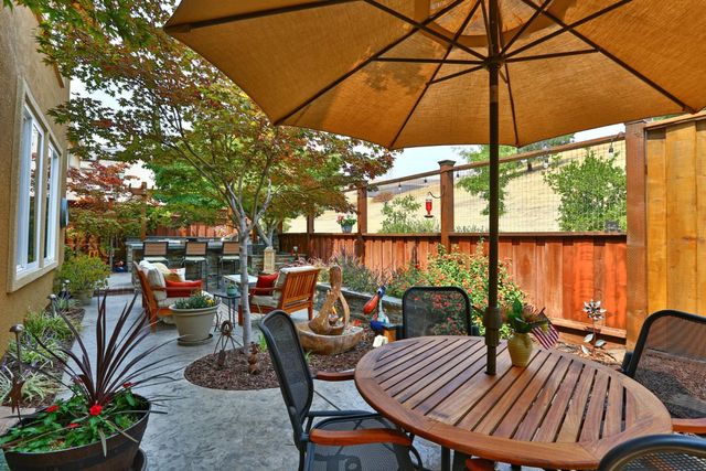 an outdoor space with seating