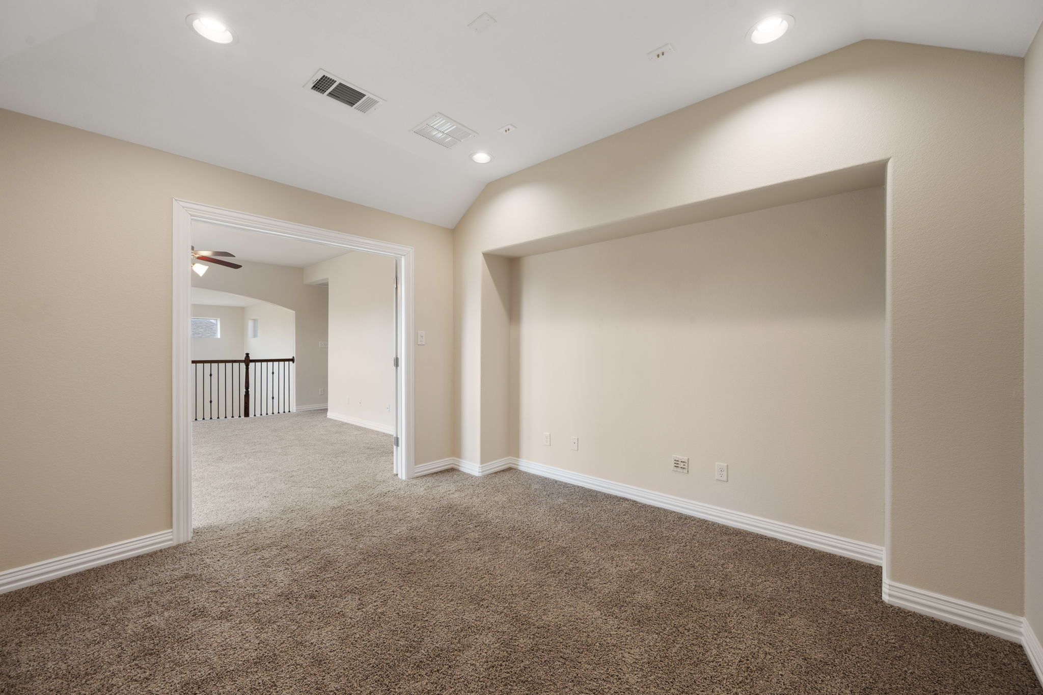 3904 Brean Down Road Pflugerville, TX 78660 - Photo 26 of 40 Spare room featuring carpet, vaulted ceiling, ceiling fan, and recessed lighting