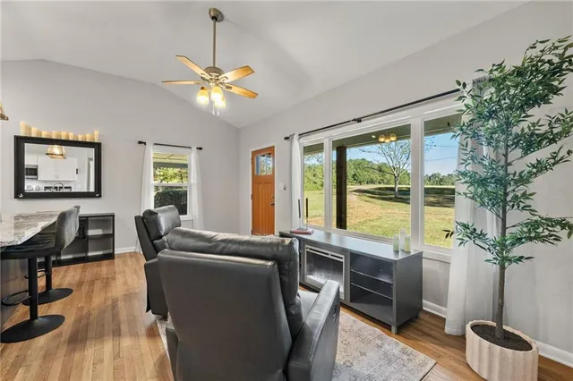 a living room with furniture a potted plant and a chandelier