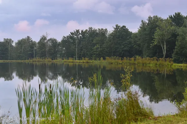 a view of a lake with a yard