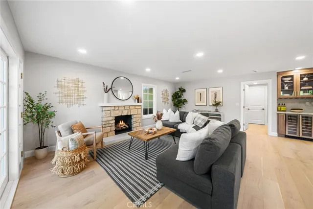 a living room with furniture potted plant and a fireplace