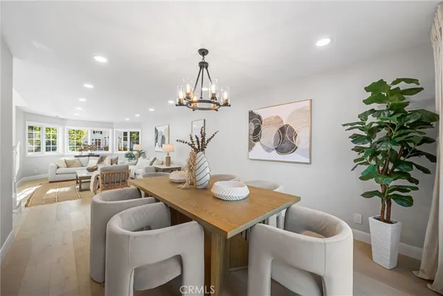 a view of a dining room with furniture wooden floor and chandelier