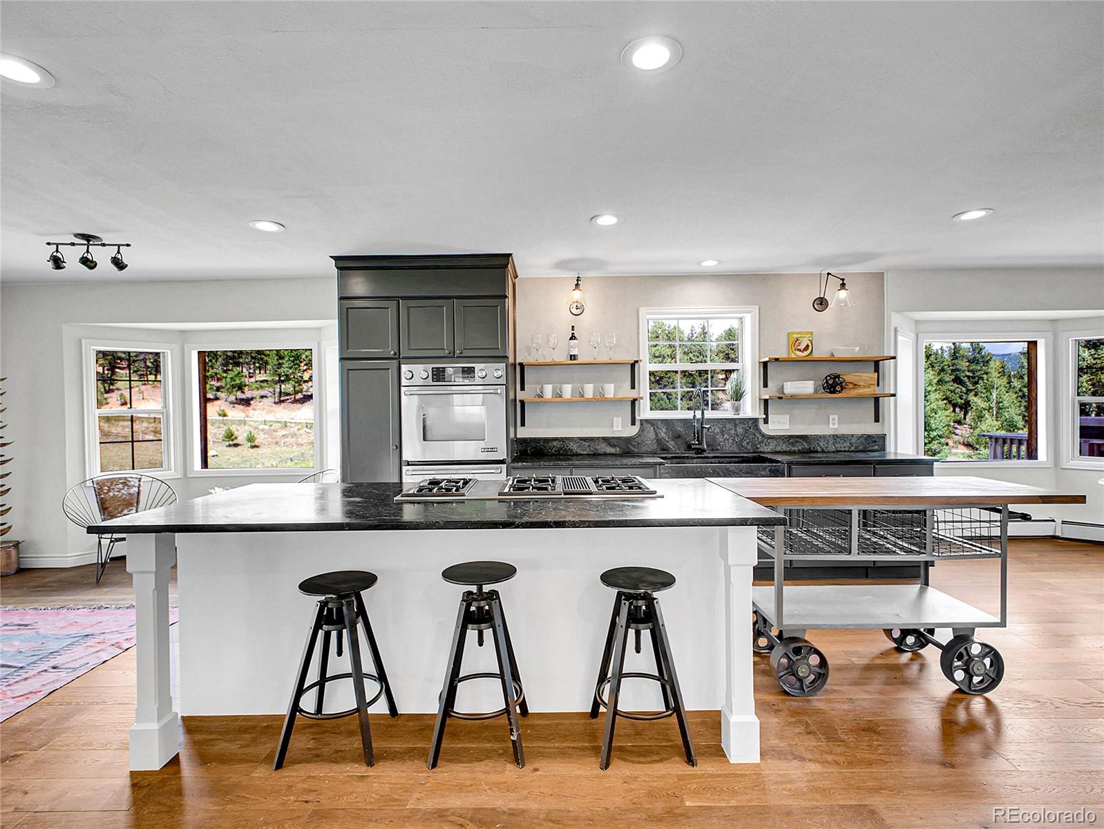 2635 Nova Road Pine, CO 80470 - Photo 8 of 45 a kitchen with stainless steel appliances granite countertop table chairs sink and cabinets