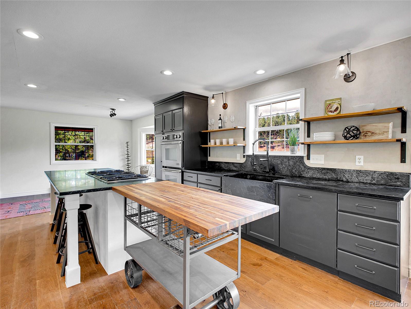 2635 Nova Road Pine, CO 80470 - Photo 9 of 45 a kitchen with stainless steel appliances granite countertop a sink stove and cabinets