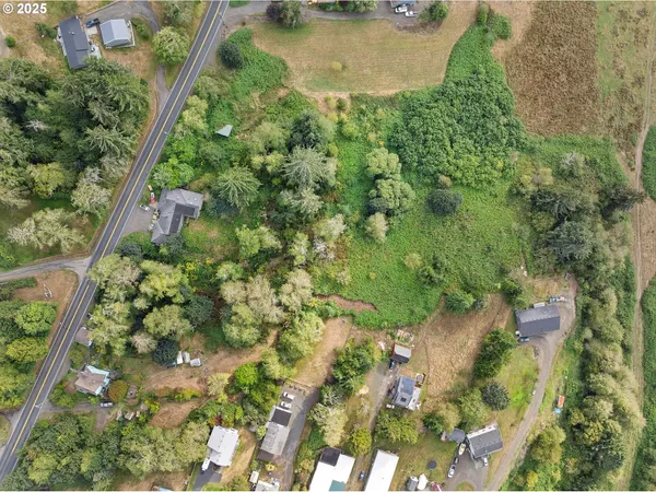 an aerial view of residential house with outdoor space and trees all around