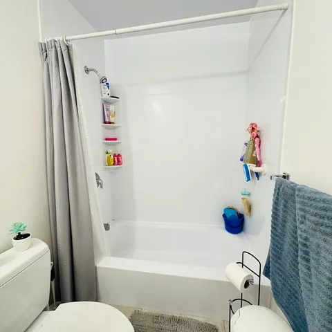 a bathroom with a sink a toilet and a shower curtain