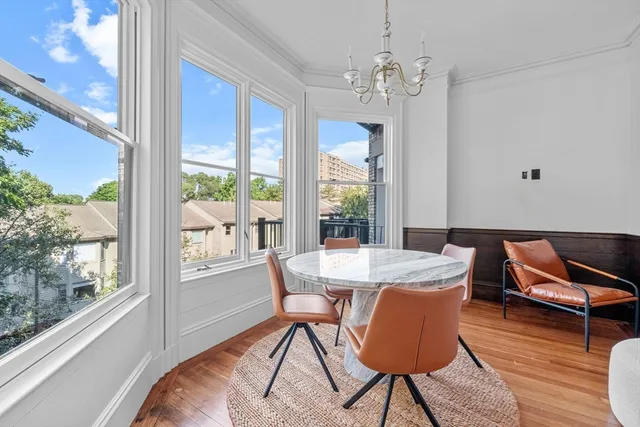 a view of a dining room with furniture window and wooden floor