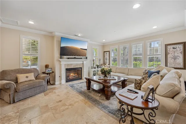 a living room with furniture a table and a potted plant
