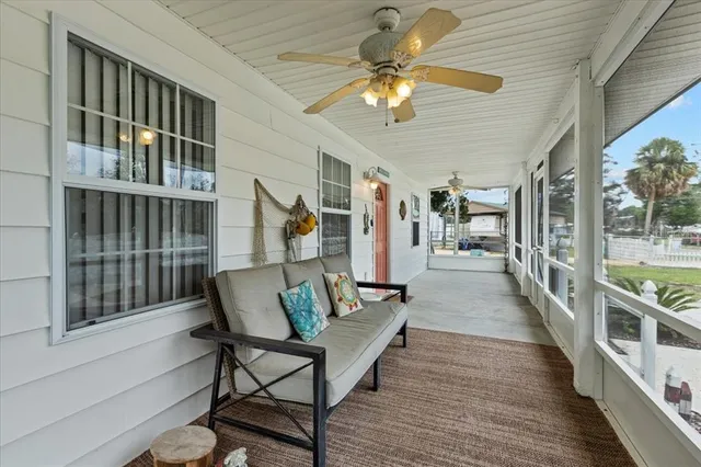 front view of a house with a patio