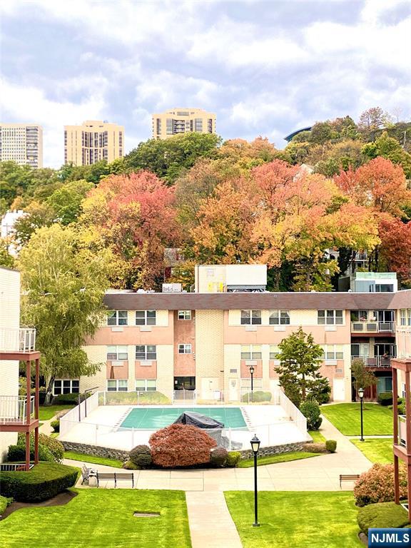 a city view with tall buildings