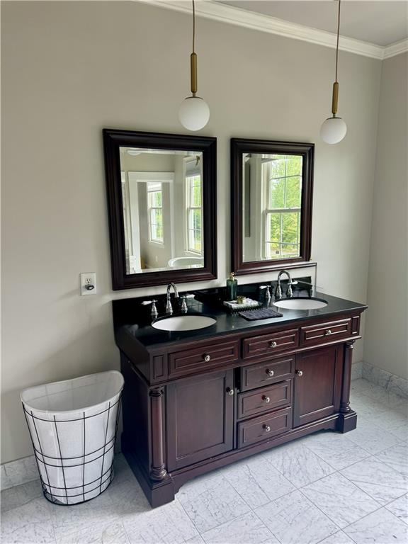 285 Old Hornage Road Ball Ground, GA 30107 - Photo 34 of 64 a bathroom with a granite countertop sink and a mirror