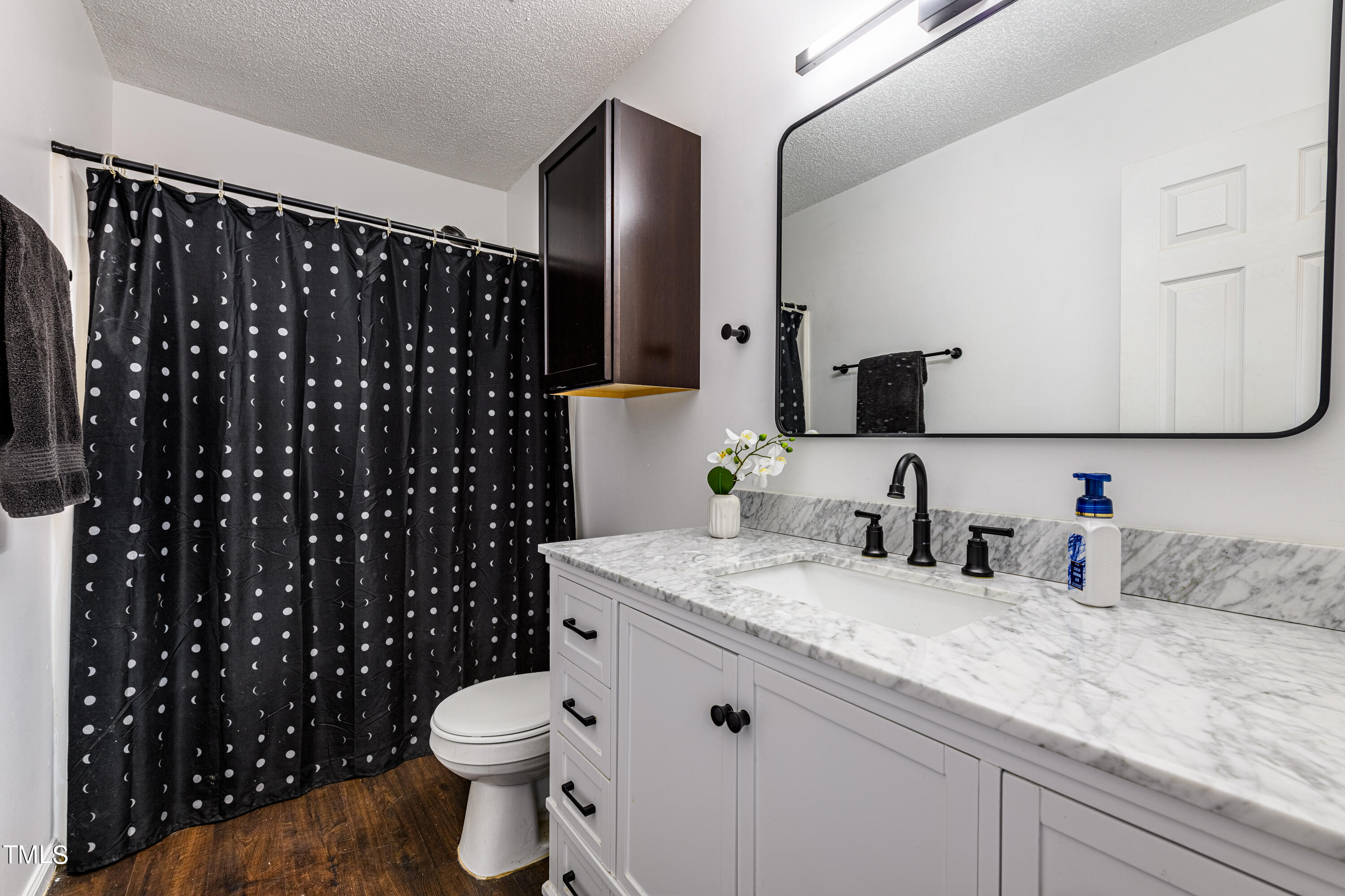 4225 Lake Woodard Drive Raleigh, NC 27604 - Photo 18 of 27 a bathroom with a granite countertop sink a toilet a mirror and shower curtain