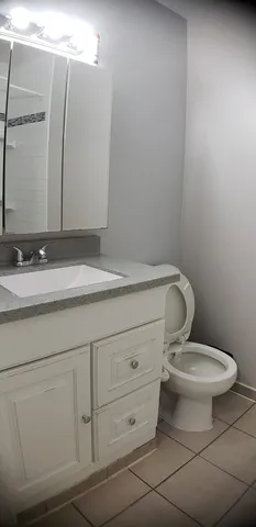 a bathroom with a granite countertop toilet and mirror
