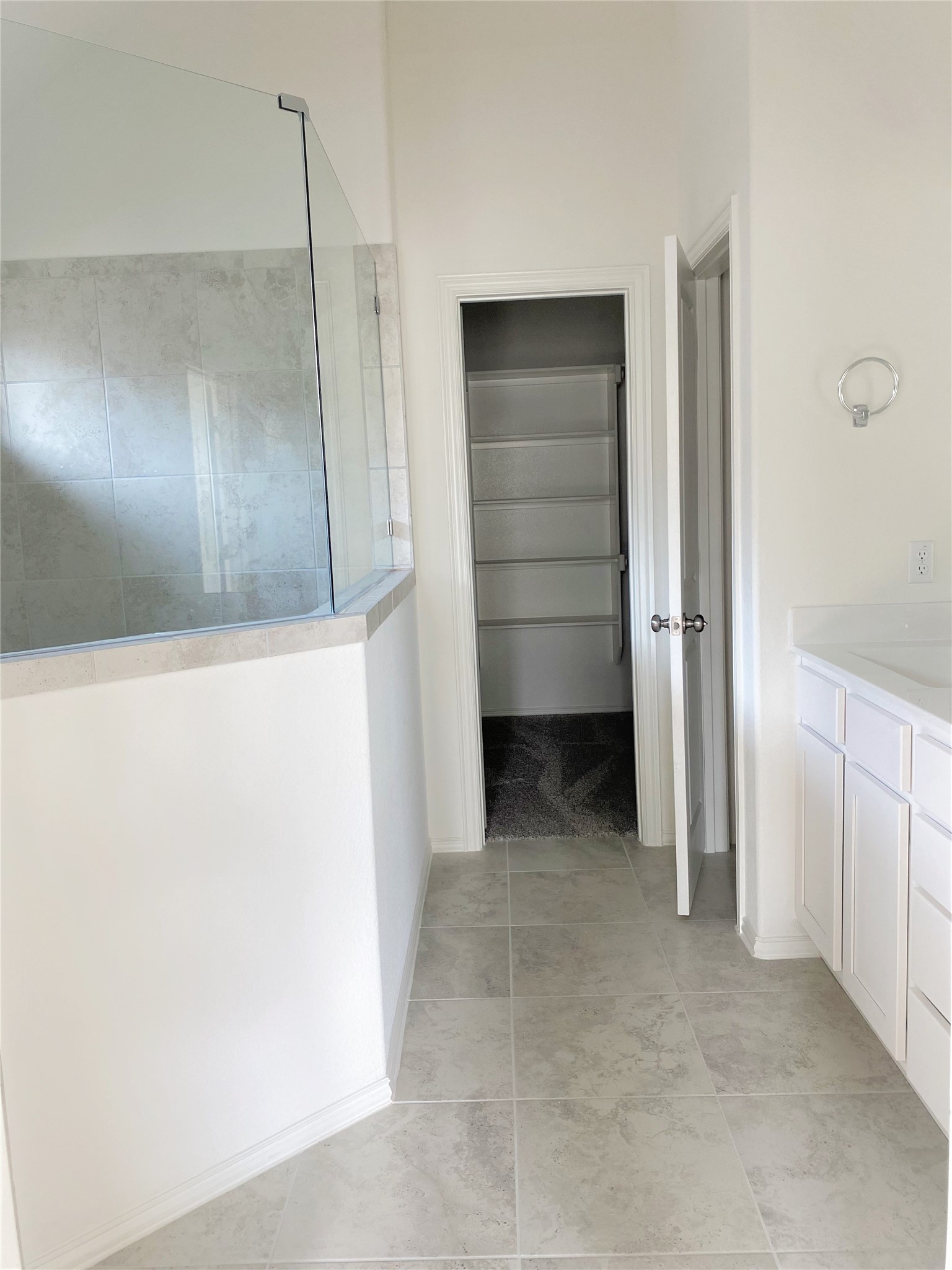 1309 Terrace View Georgetown, TX 78628 - Photo 23 of 36 A well-lit bathroom showcases a spacious walk-in shower with tile surround and a nearby walk-in closet for convenience.