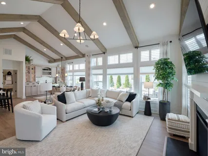 a living room with furniture potted plant and a large window