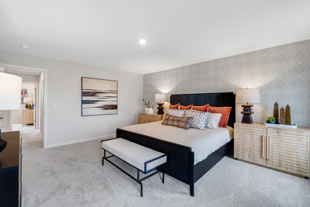 a bedroom with a bed and dresser