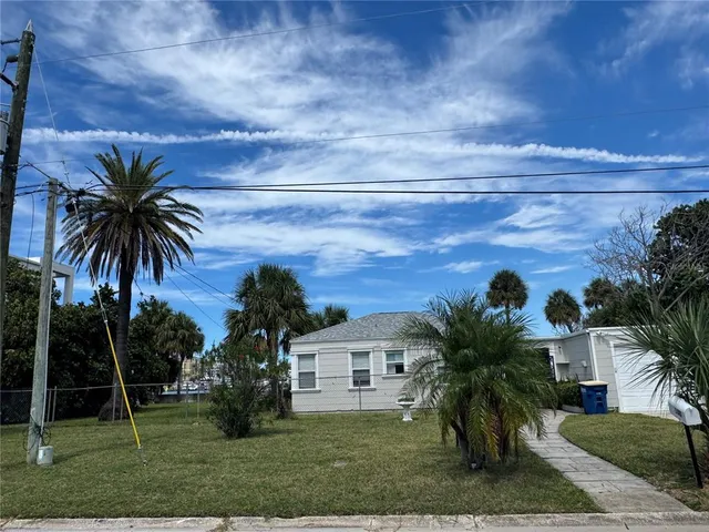 a palm tree sitting in front of a house with a yard