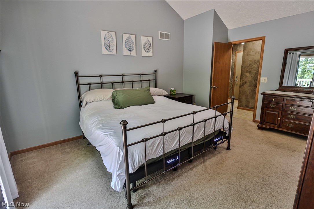 11154 Johnsford Road Southwest Beach City, OH 44608 - Photo 28 of 50 Vaulted ceiling room with light gray walls, light beige carpet, wood trim, and a visible doorway