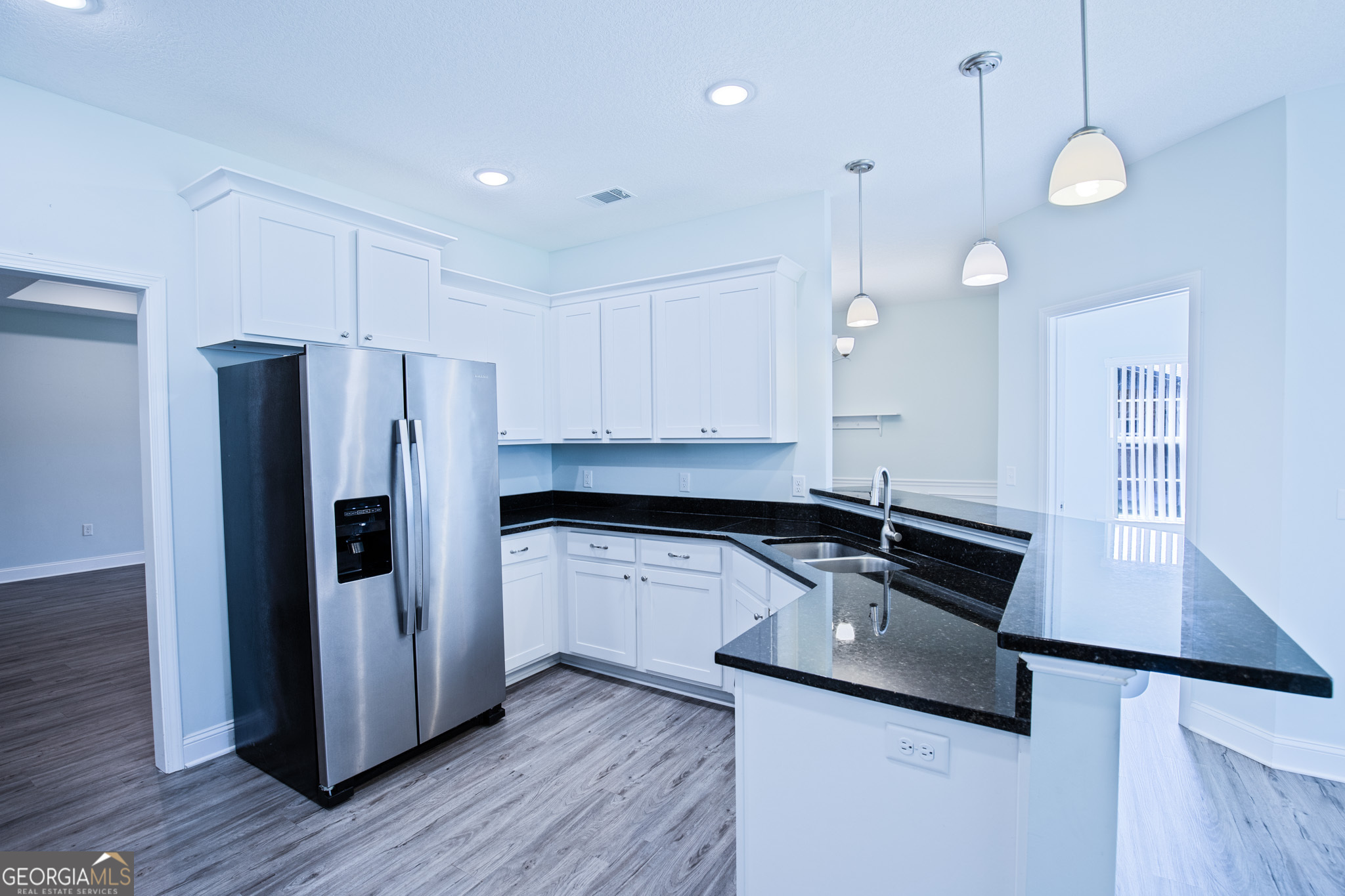 3453 John Wells Road Ludowici, GA 31316 - Photo 25 of 51 a kitchen with stainless steel appliances granite countertop a refrigerator a sink and white cabinets