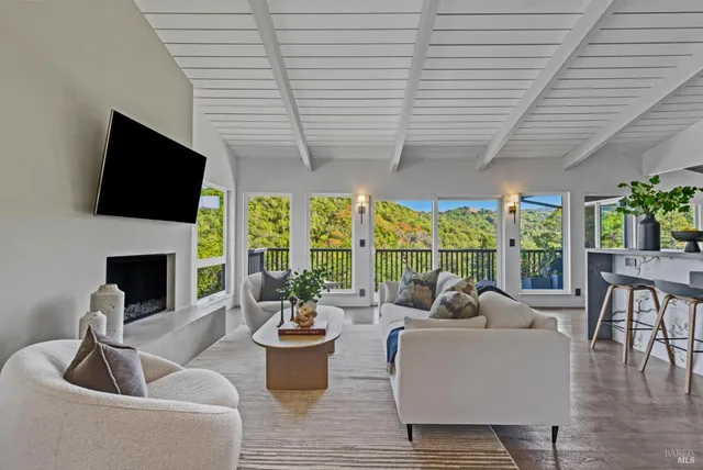 a living room with fireplace furniture and a flat screen tv