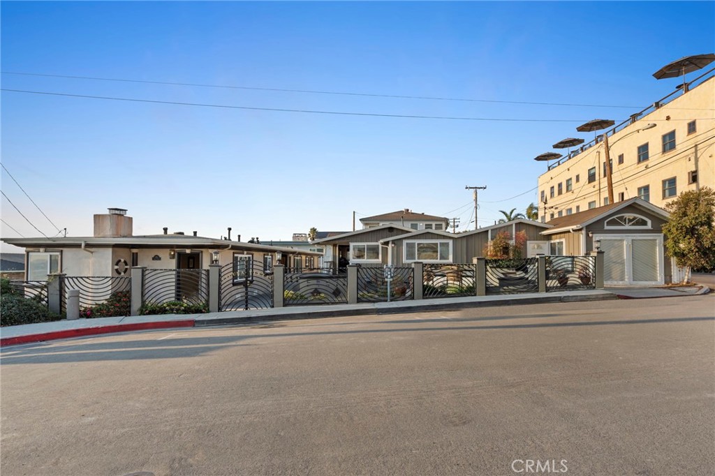 a view of street with large buildings