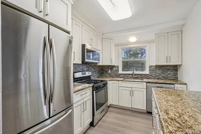 a kitchen with stainless steel appliances granite countertop a stove a refrigerator and a sink