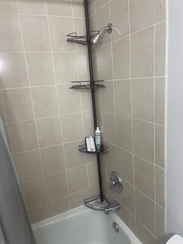 a bathroom with a shower and a toilet