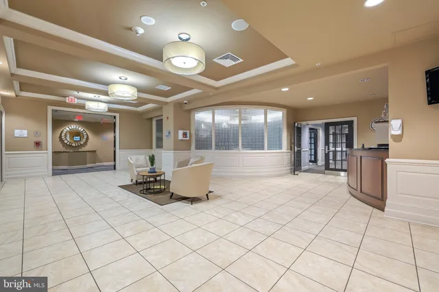 a lobby with furniture