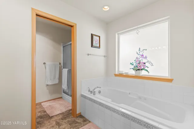 a bathroom with a bathtub and a shower