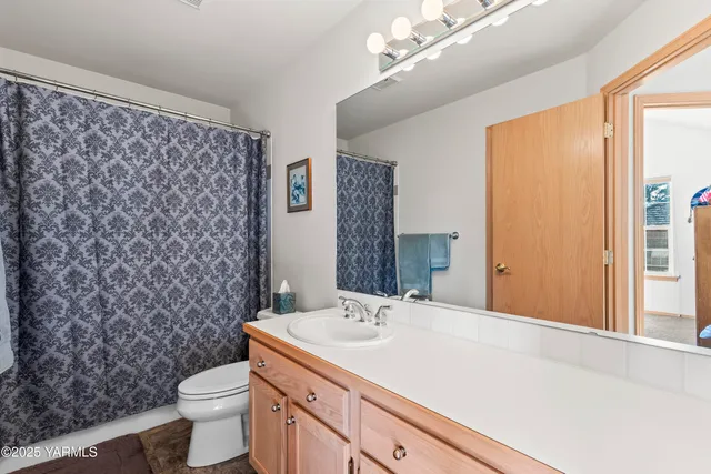 a bathroom with a sink a toilet a mirror and shower curtain