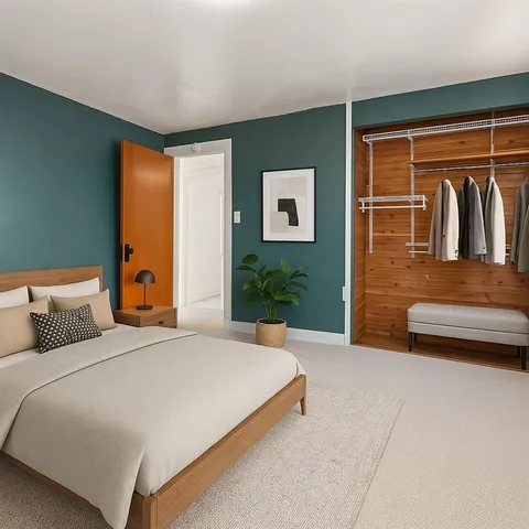 a bedroom with a bed and window