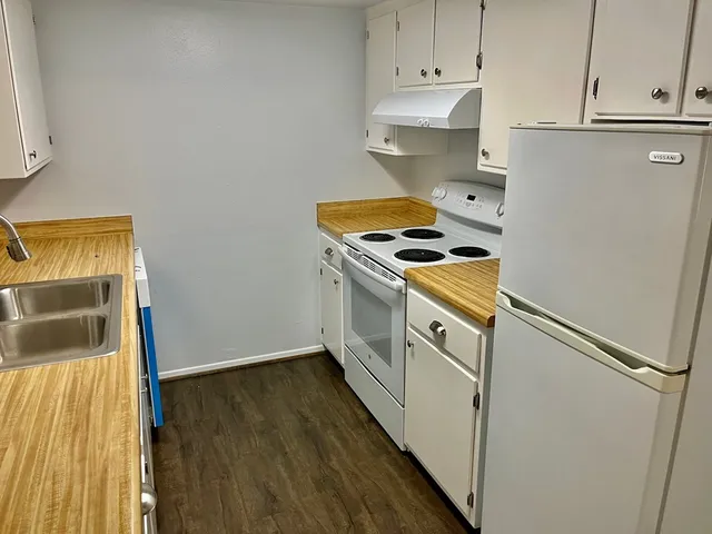 a kitchen with a stove and a refrigerator