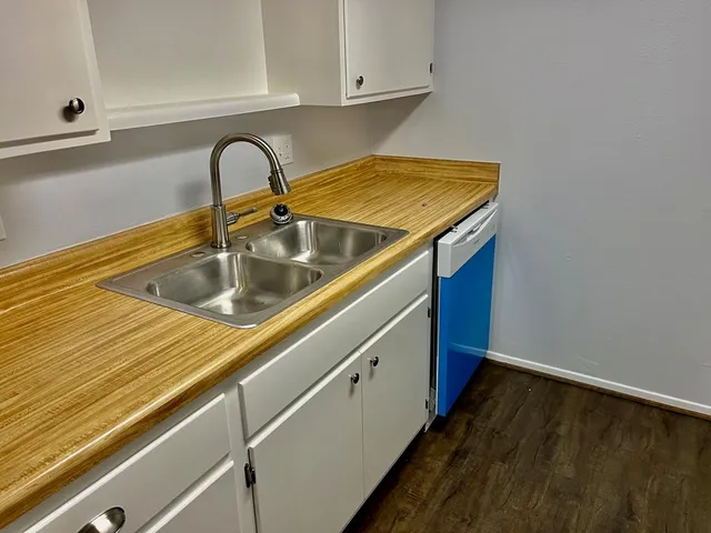 a kitchen with a sink and cabinets