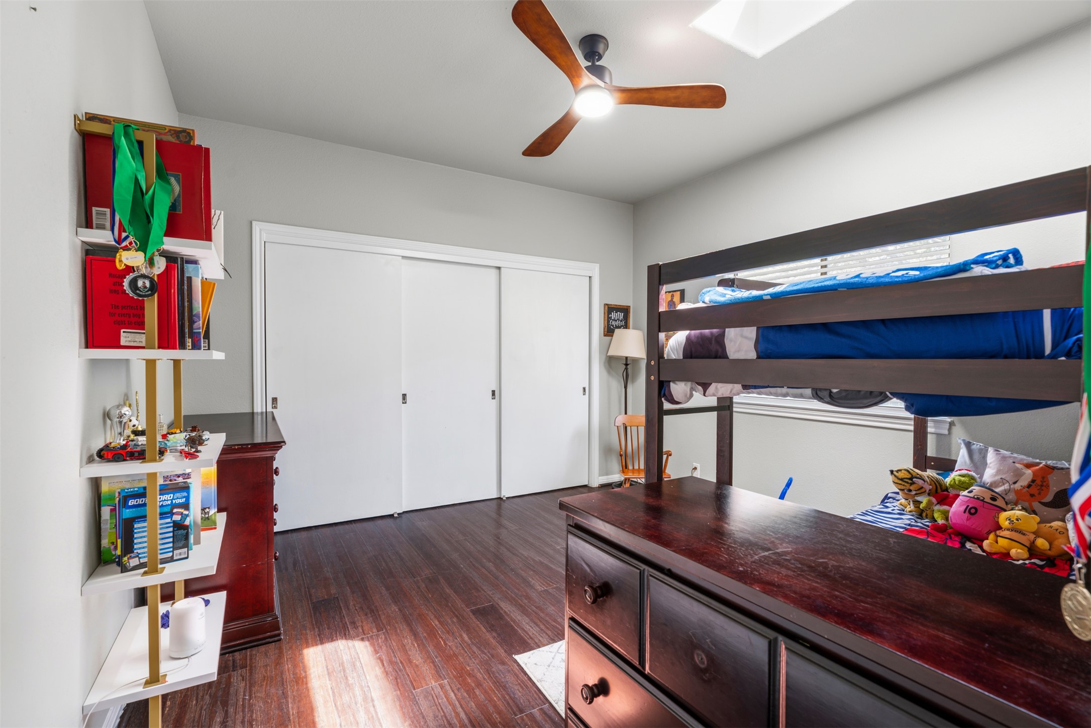208 Amandas Way Leander, TX 78641 - Photo 16 of 25 Bedroom with dark wood finished floors, a ceiling fan, a closet, and a skylight
