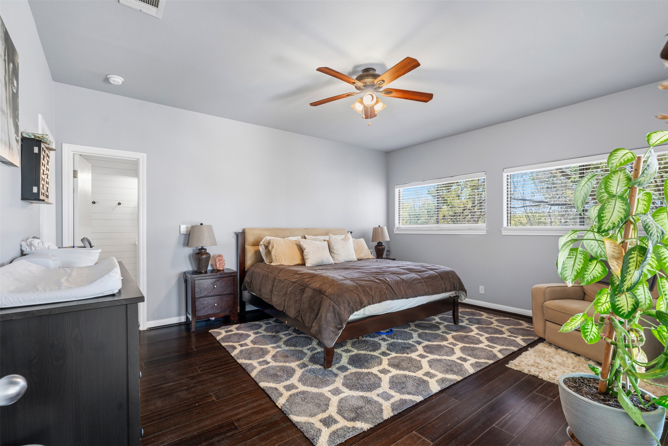208 Amandas Way Leander, TX 78641 - Photo 10 of 25 Bedroom featuring dark wood-style flooring and ceiling fan