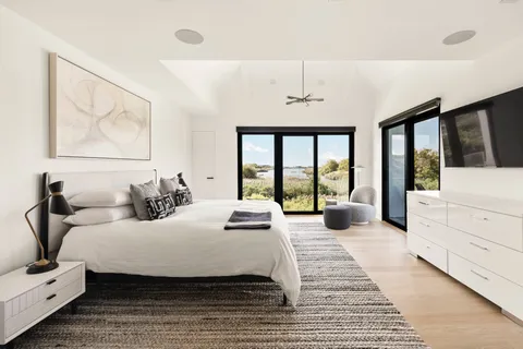 a bedroom with a large bed and a large window