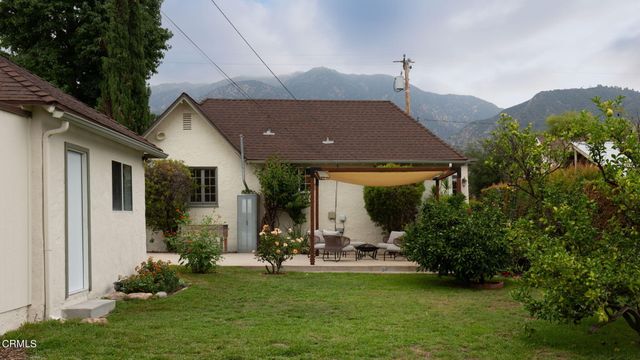 a backyard of a house with potted plants and large tree