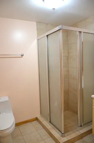 a bathroom with a shower and a toilet