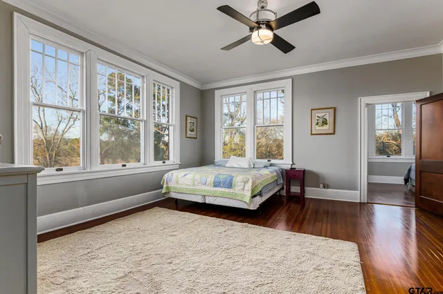 a living room with a bed furniture and a large window