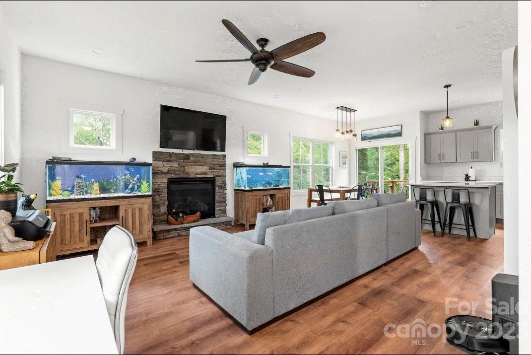 231 Medford Branch Road Candler, NC 28715 - Photo 3 of 28 a living room with furniture a fireplace and a flat screen tv