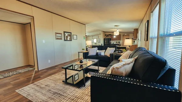 a living room with furniture a rug and a window