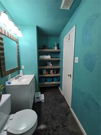 a bathroom with a sink a toilet a mirror and vanity