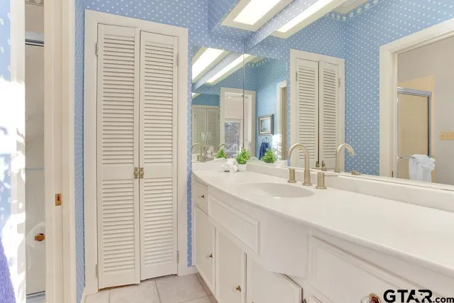 a bathroom with a sink and a mirror
